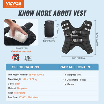 Weighted Vest, 16 Lbs Weight Vest with Reflective Stripe, Adjustable Buckle Body Weight Vest for Men Women, Workout Equipment for Strength Training, Running, Jogging, Fitness