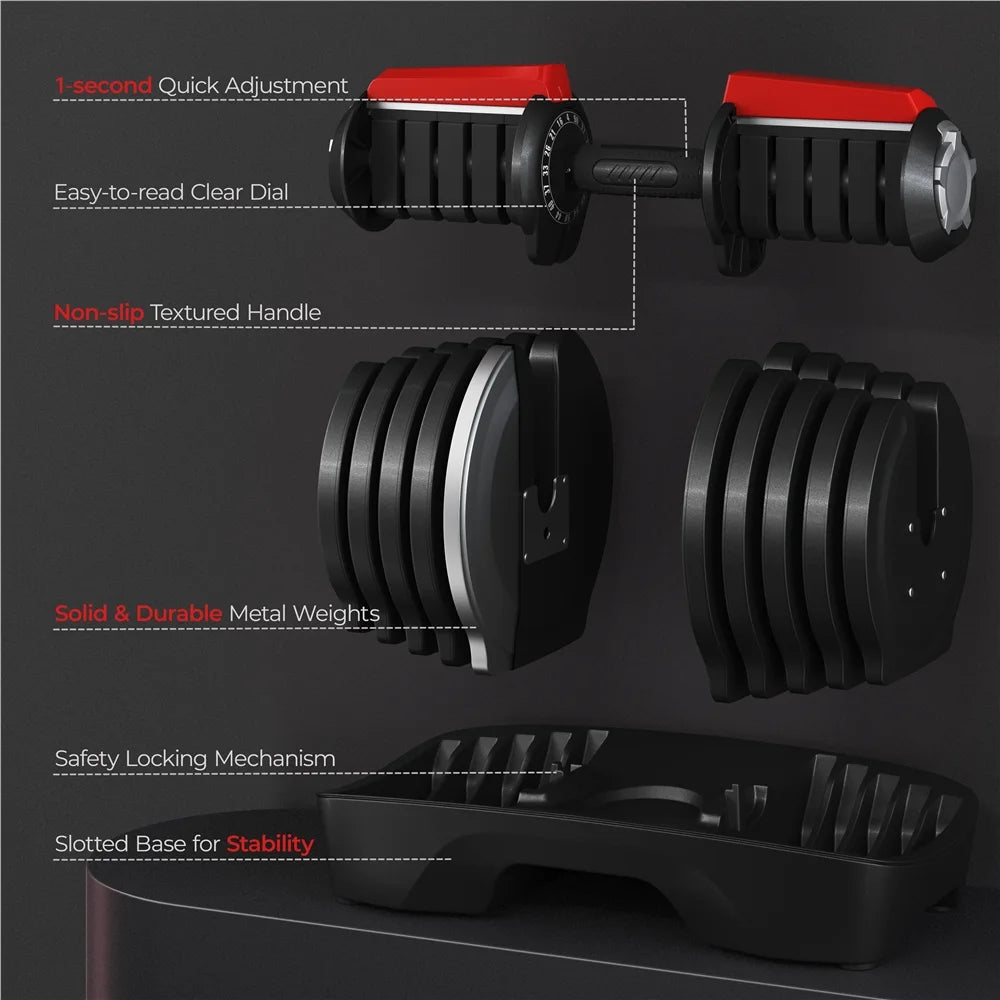 4-90Lbs Quick Adjust Dumbbell Set for Home Gym, Set of 2, Black/Red