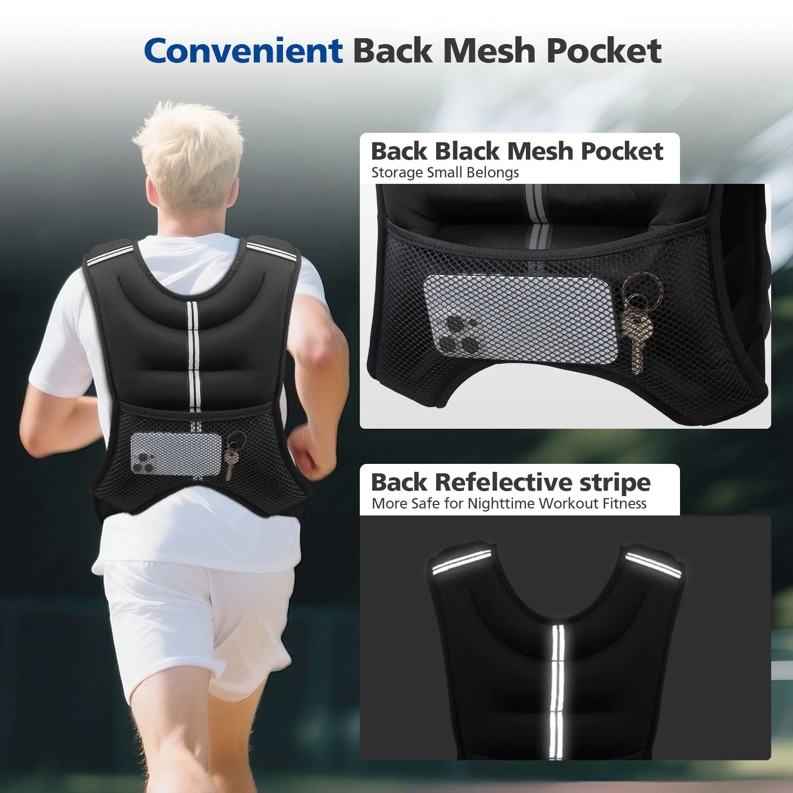 Weighted Vest 8 Lb Weight Vest for Woman Men Sport Weighted Vest with Reflective Stripe Adjustable Buckle Straps Back Black Mesh Pocket for Strength Training Running